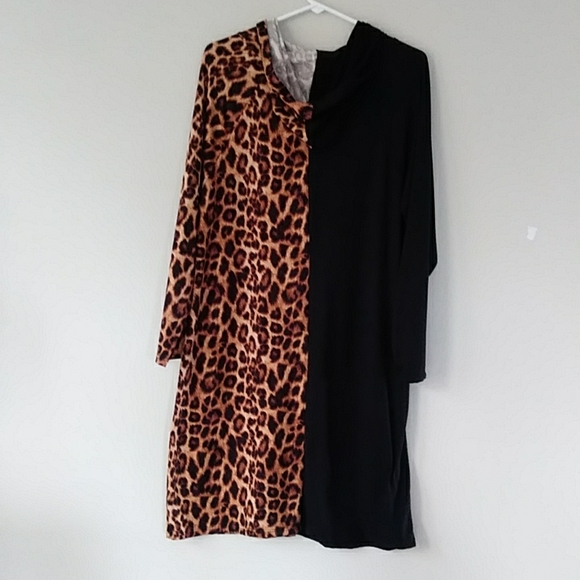 NWOT Arabella Color Block Leopard Print Hooded Dress 1X Black Brown - Picture 3 of 16